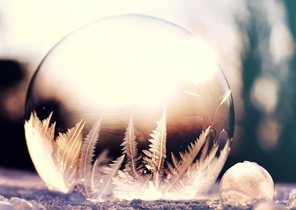 Frozen bubbles in snow during winter