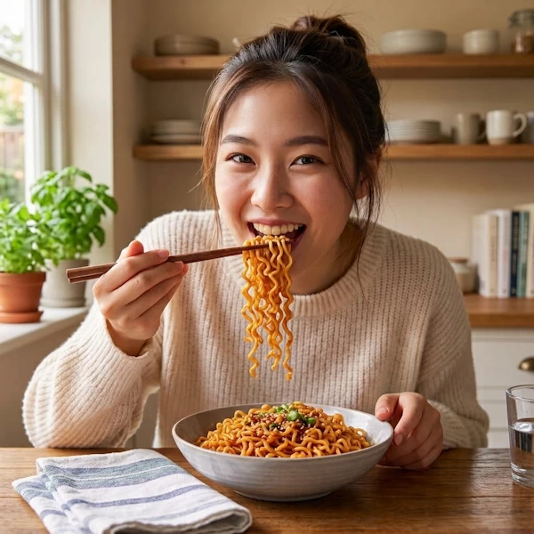 asian girl eating spicy buttered gochuja noodles