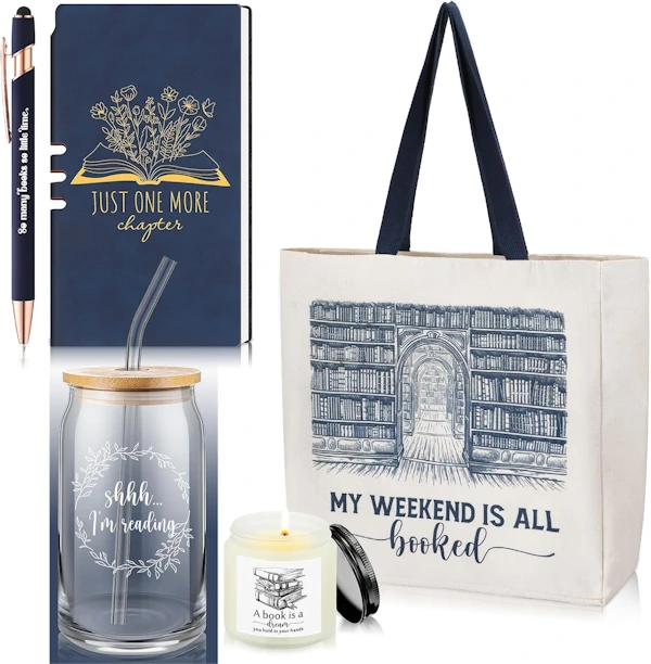 book lover gift set with tote bag, pen, candle and 16 oz glass with lid and straw