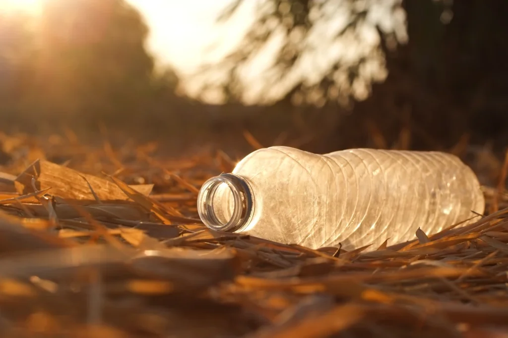 disposable plastic water bottle trash in dead leaves pollution on ground
