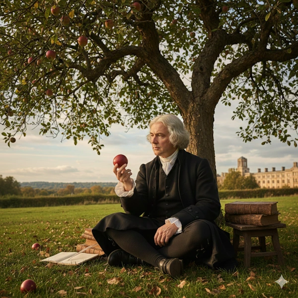 isaac newton with apple under tree momentum