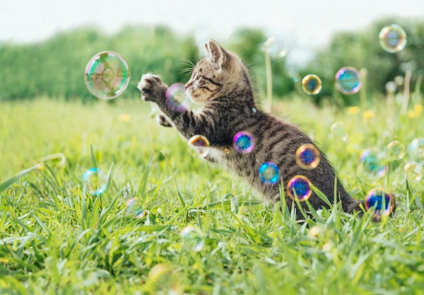 kitten catching bubbles on lawn