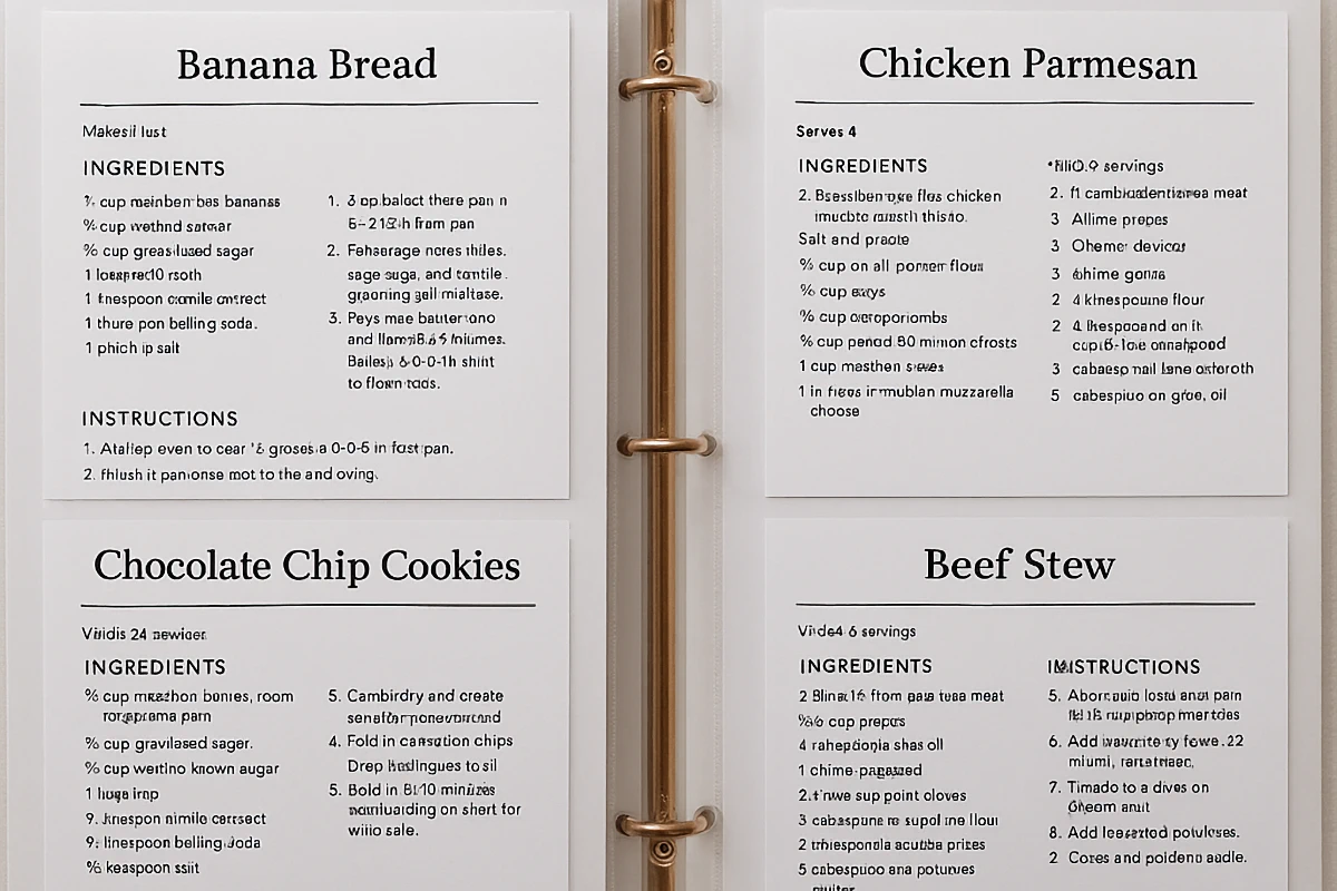 personal recipe binder with 4 recipe cards