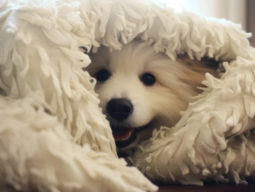 scared dog in blanket fort