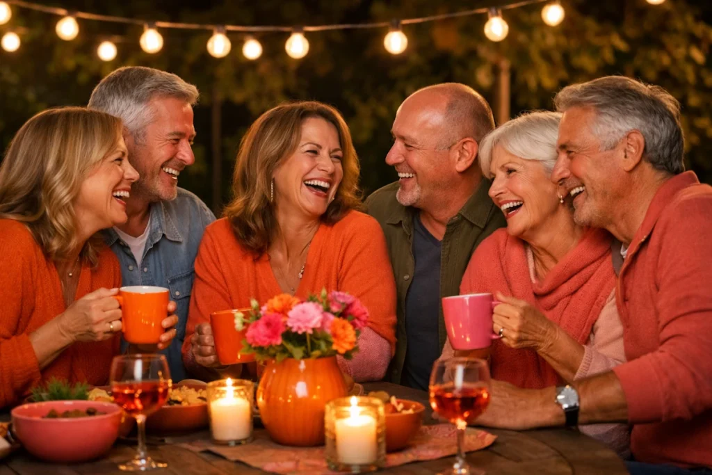 small gathering together of 3 couples Laughter and warmth under string lights
