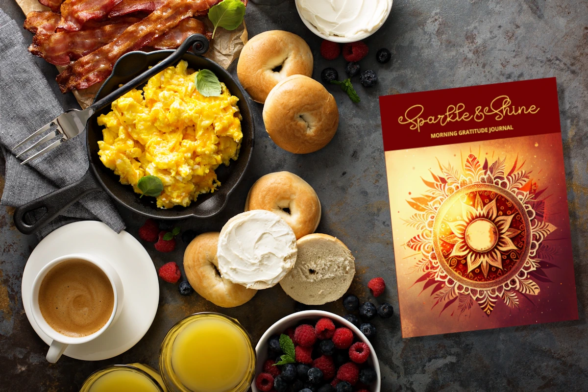 sparkle and shine morning gratitude journal with breakfast on counter