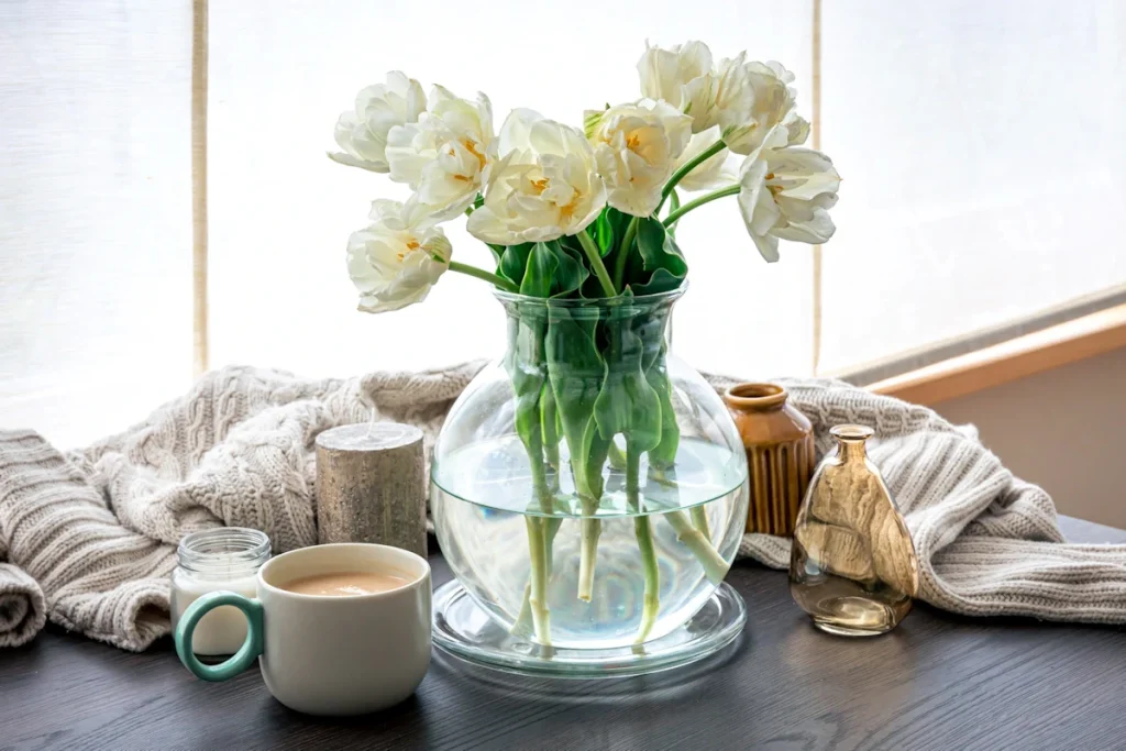 white tulips in bulbous vase with small mouth to support center of stems