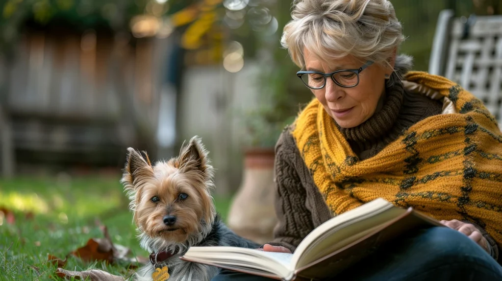 woman reading to dog outside in fall