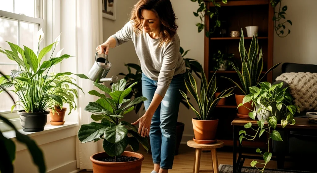 woman tending plants at home